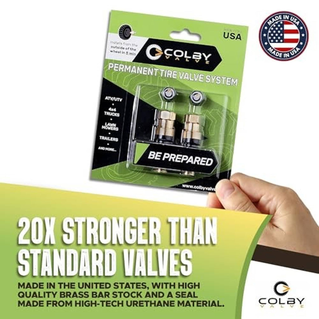 Permanent tire valve system kit with two metal replacement valve stems in retail package
