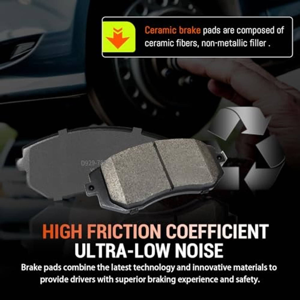 Ceramic brake pads close-up with textured dark gray friction face and backing hardware