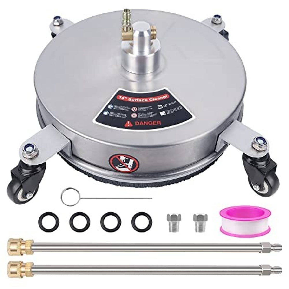 14-inch stainless steel surface cleaner with wheels and included accessory parts