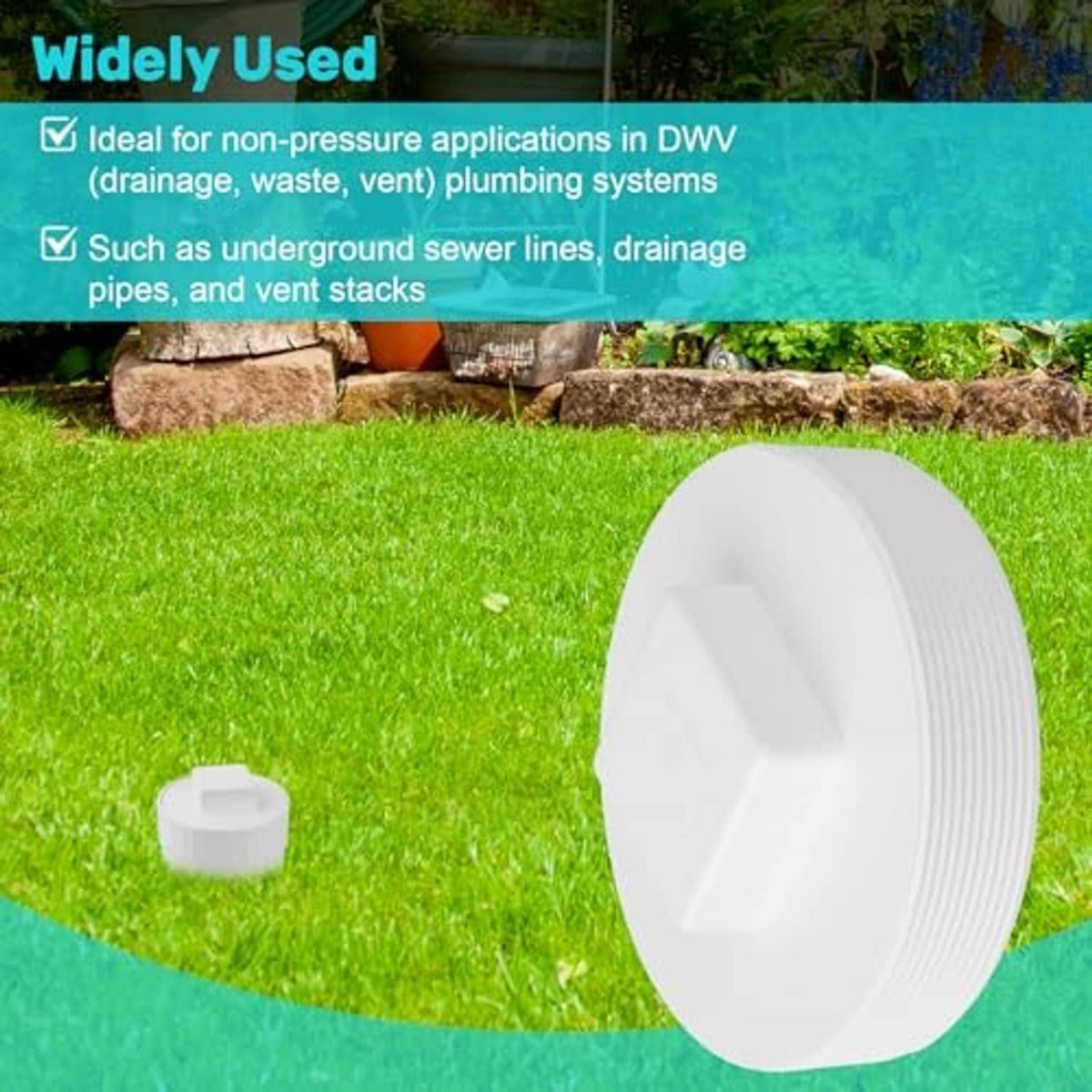 White PVC threaded cleanout plug cap lying on its side with ribbed outer edge