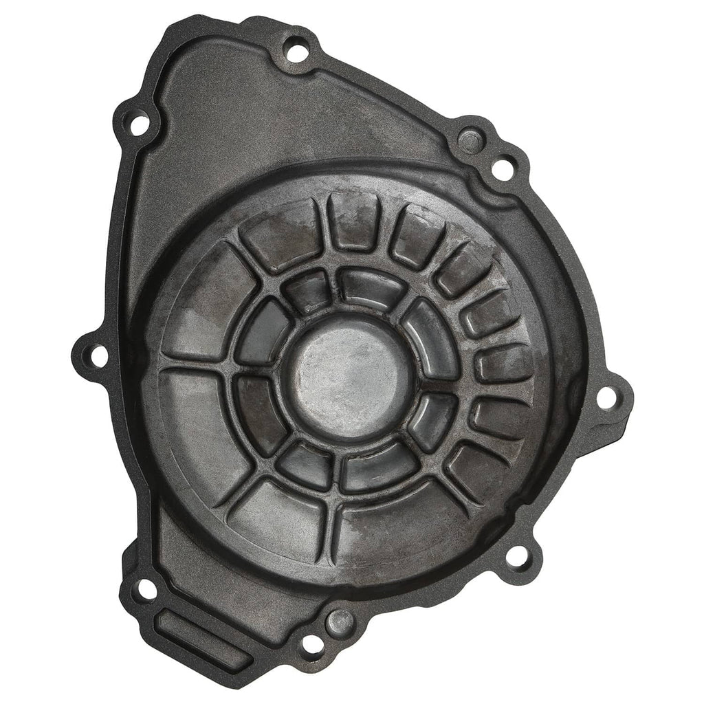 Dark gray engine stator cover with mounting holes and circular rotor cover