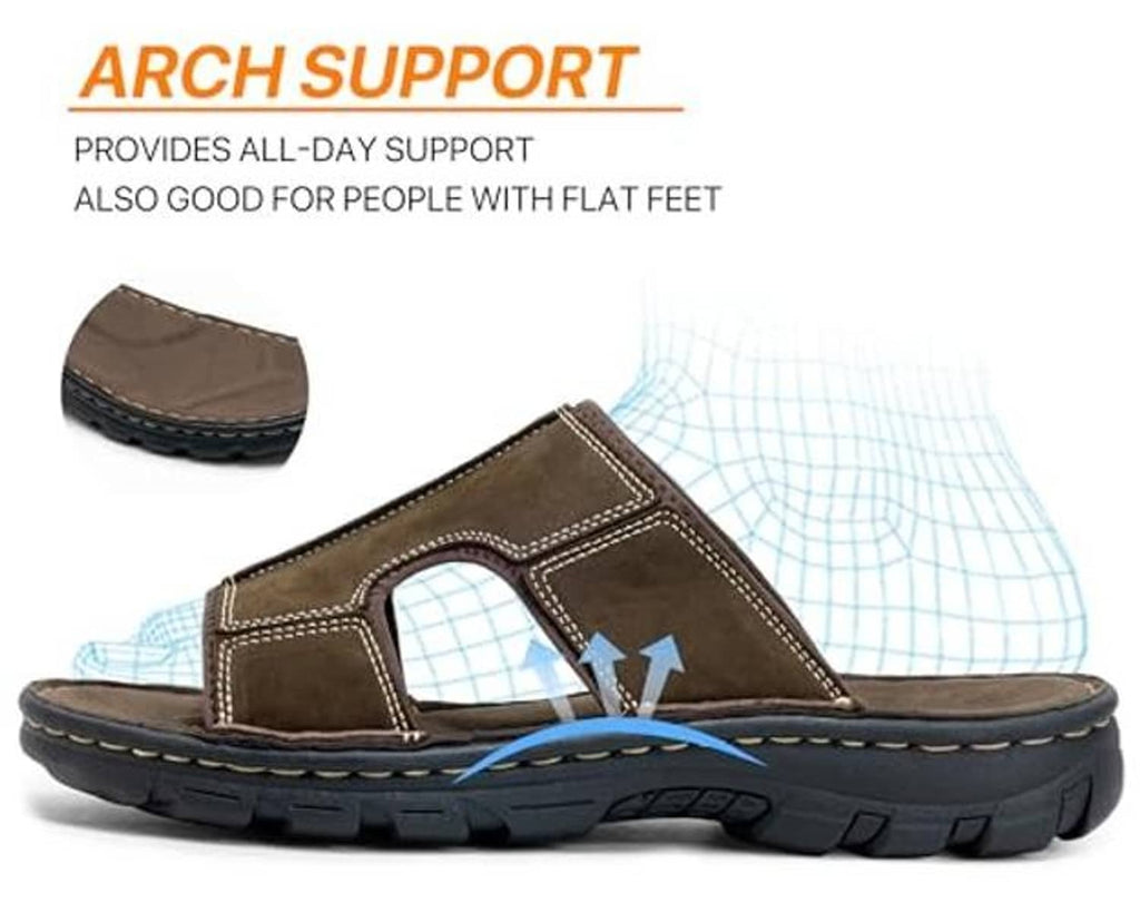 Men's dark brown leather slide sandals with arched contoured footbed and stitched upper straps