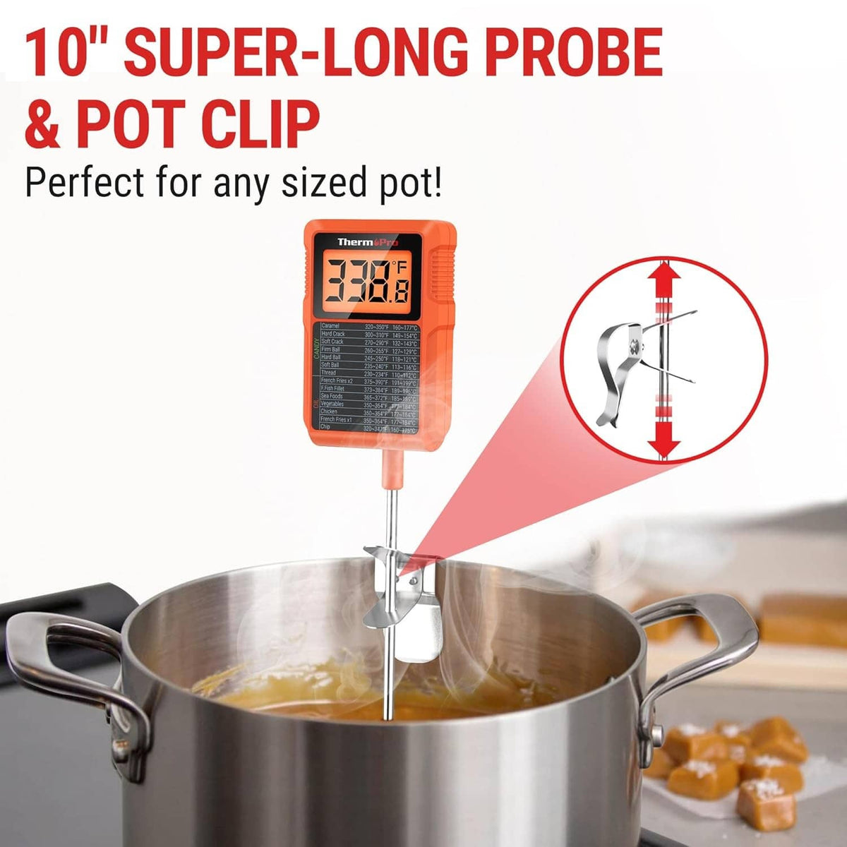 Orange waterproof digital thermometer with LCD display and super-long metal probe
