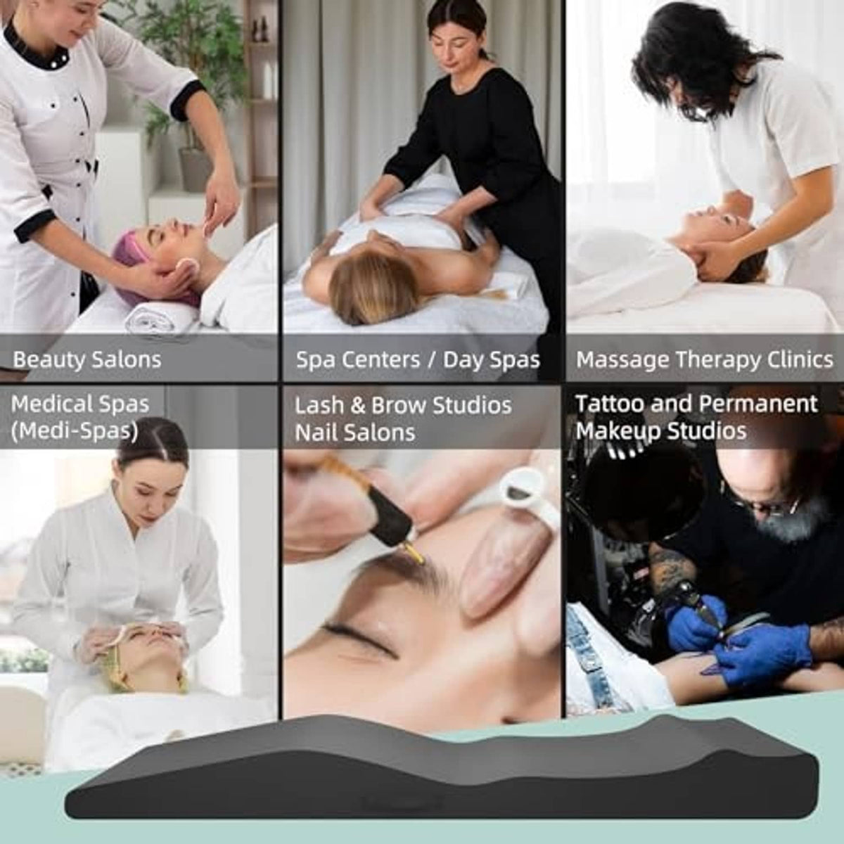 Black ergonomic foam topper shown for salon lash or massage use on a treatment bed