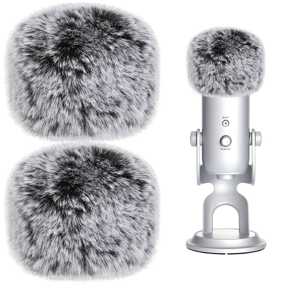 Set of two grey furry microphone windscreens with desktop condenser mic
