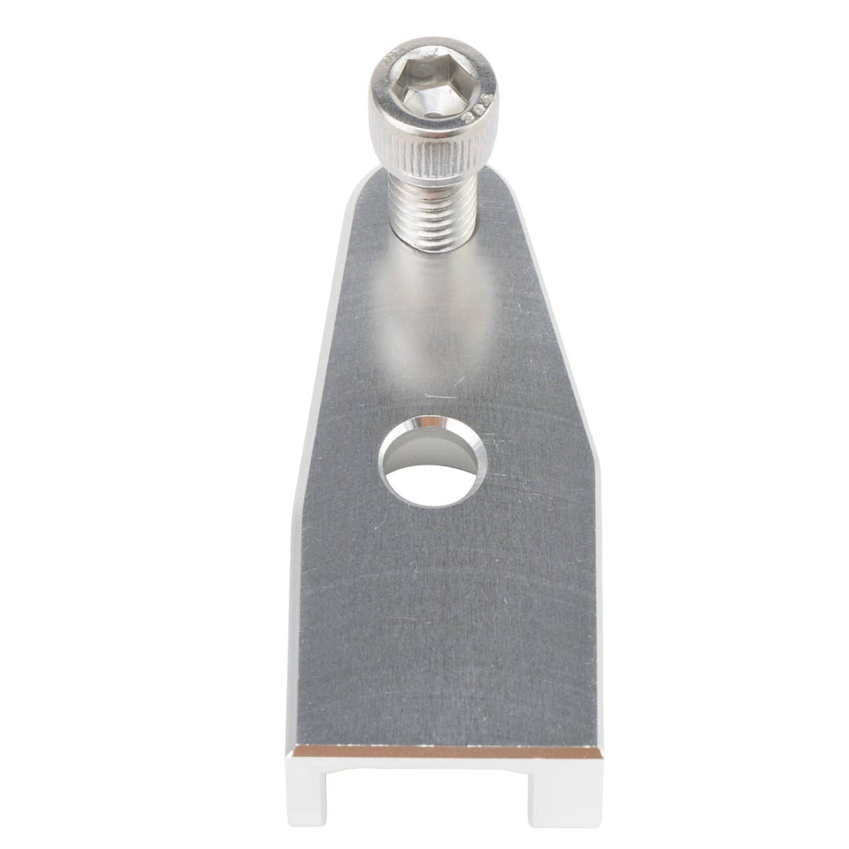 Chrome gear assist bracket with circular hole and hex-head mounting bolt, silver
