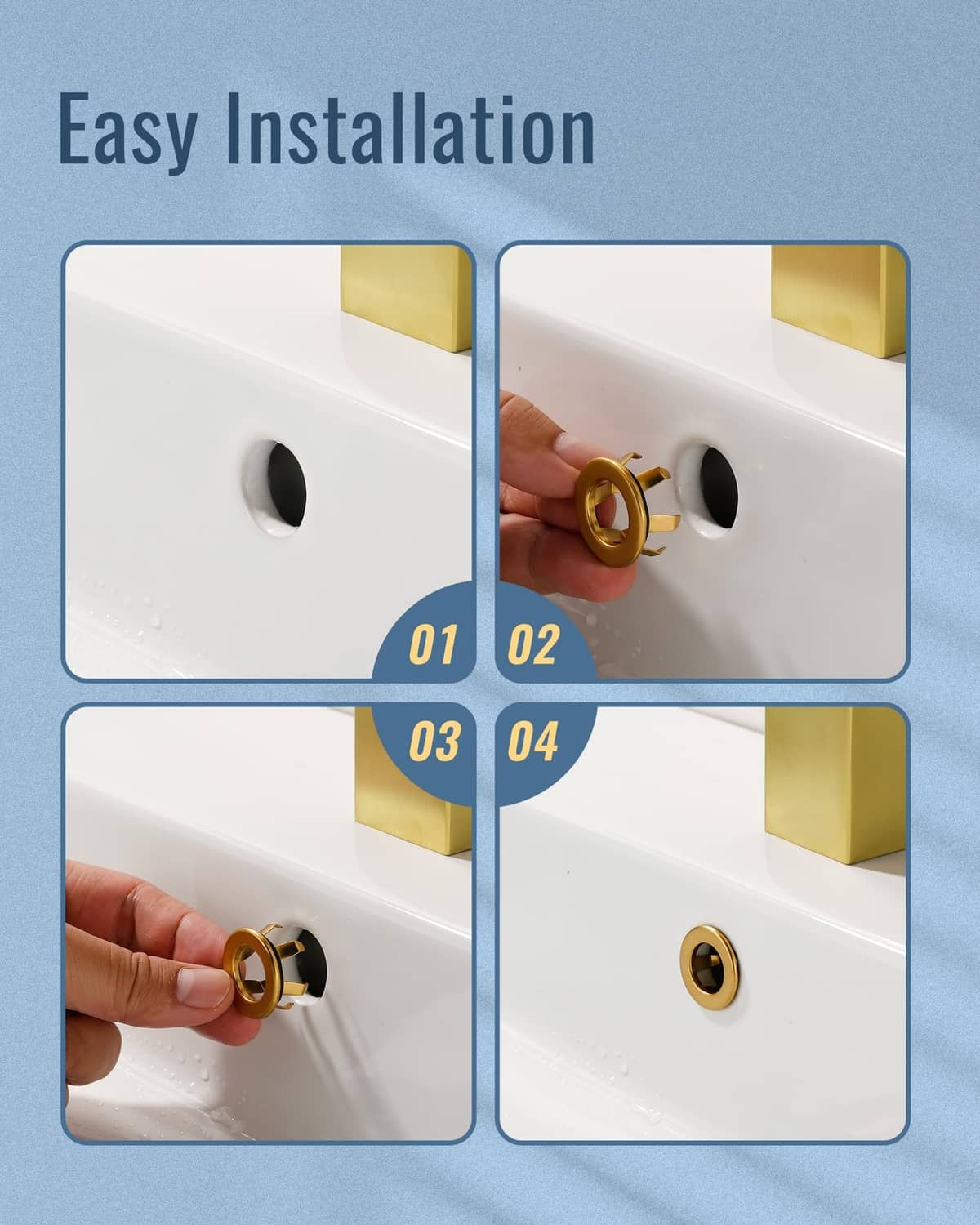 Brushed gold sink overflow ring kit with four tabs for easy installation