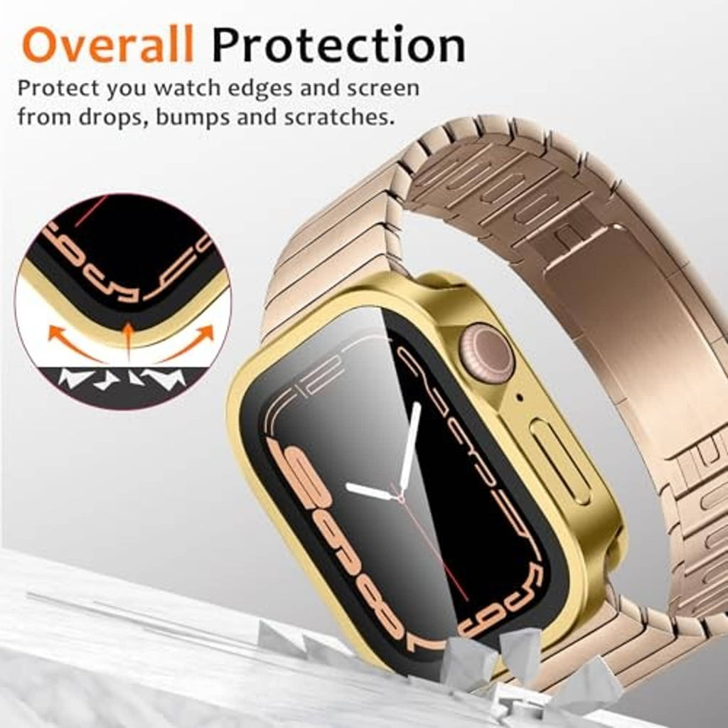 Gold rugged metal bumper case for Apple Watch 45mm with raised edges and metal link band