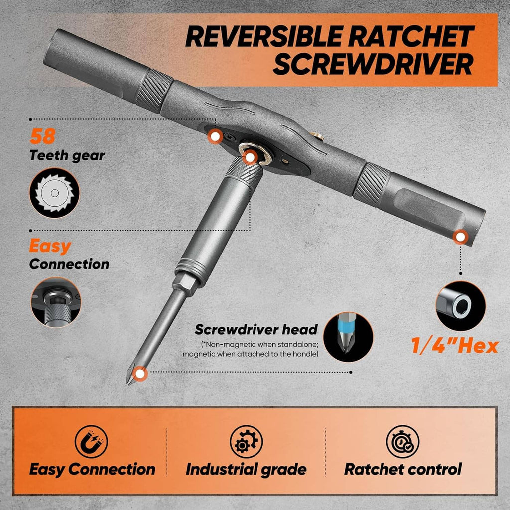 Reversible ratchet T-handle screwdriver with magnetic head and hex shank