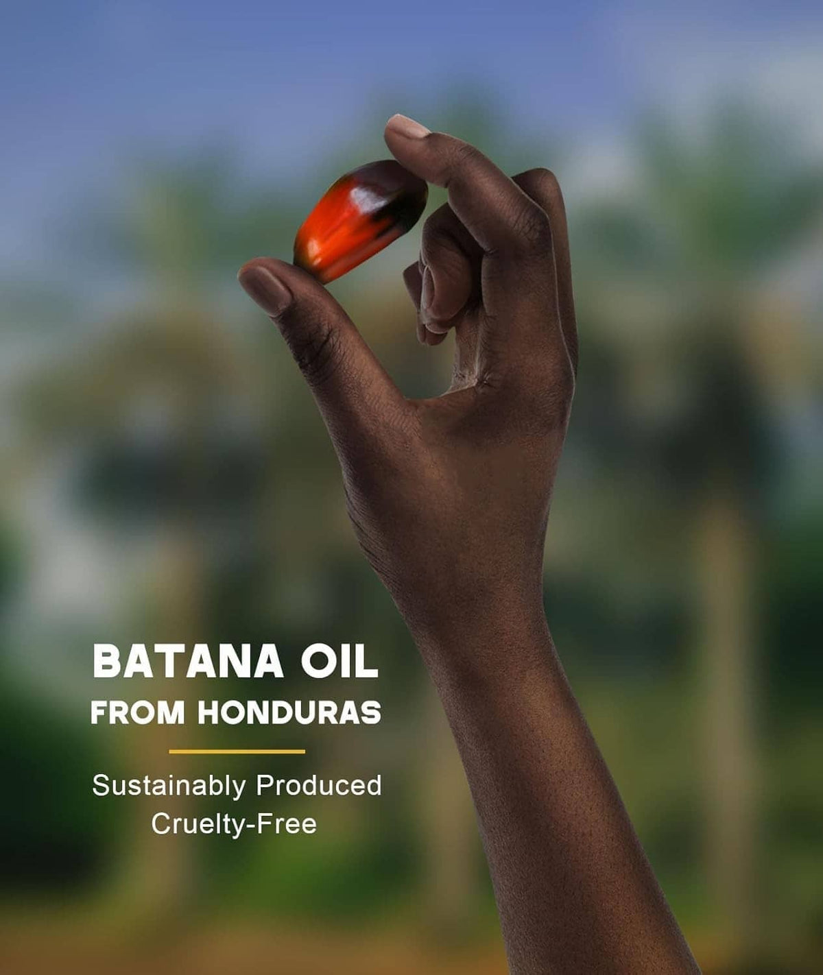 Batana oil dropper releasing amber oil onto wrist, small bottle in hand