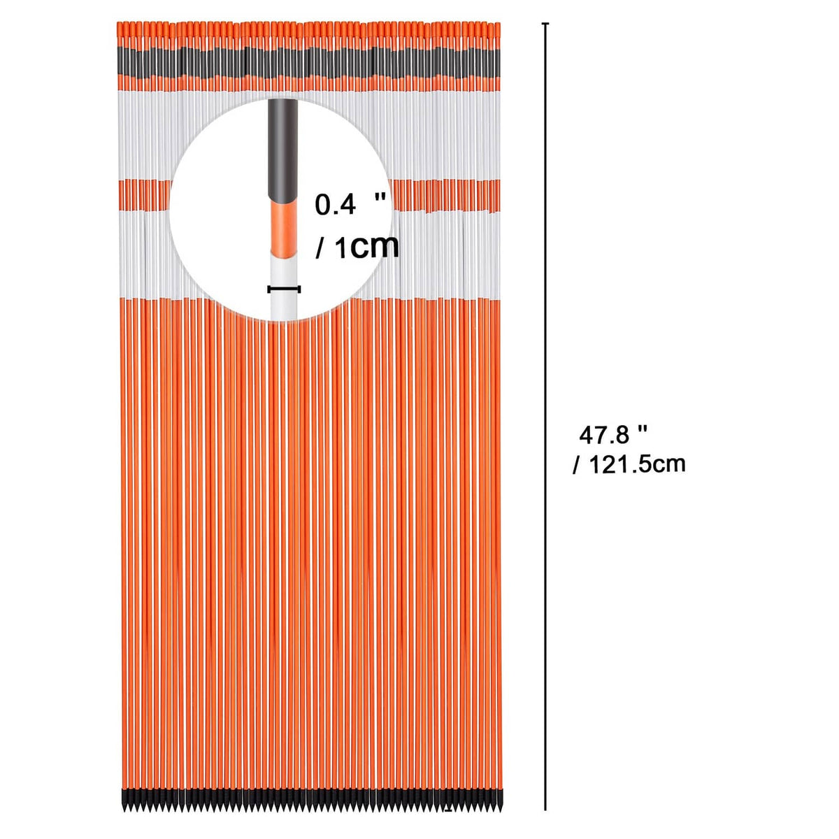 Measured orange reflective center and black stripes on a driveway marker pole