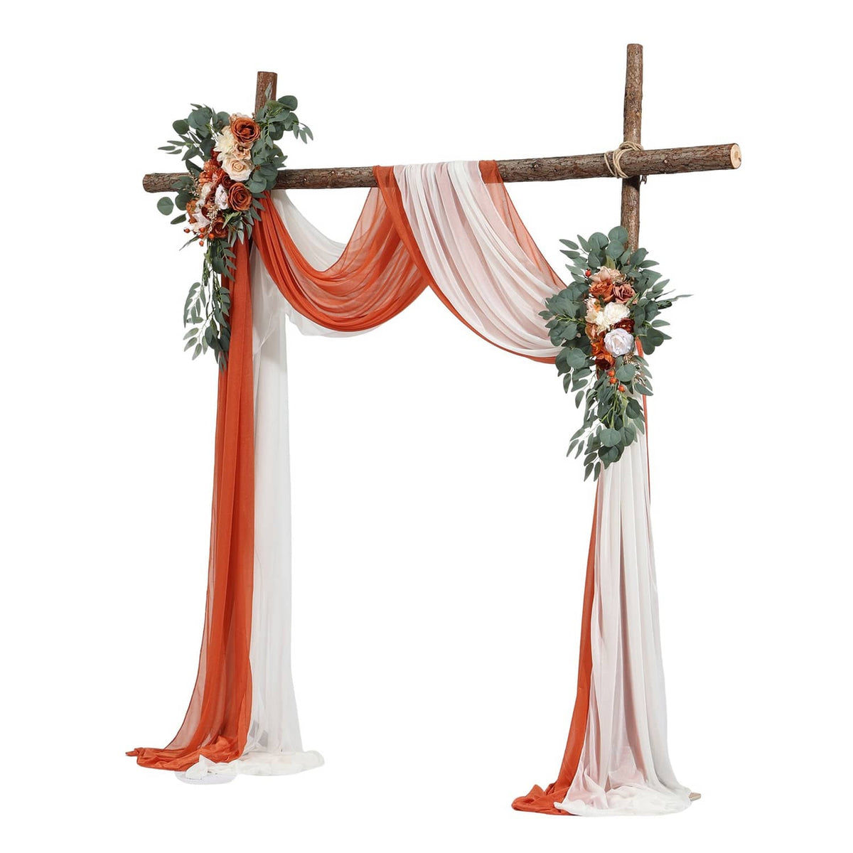 Artificial wedding arch kit with wooden cross and flowing orange and white drapes with flowers