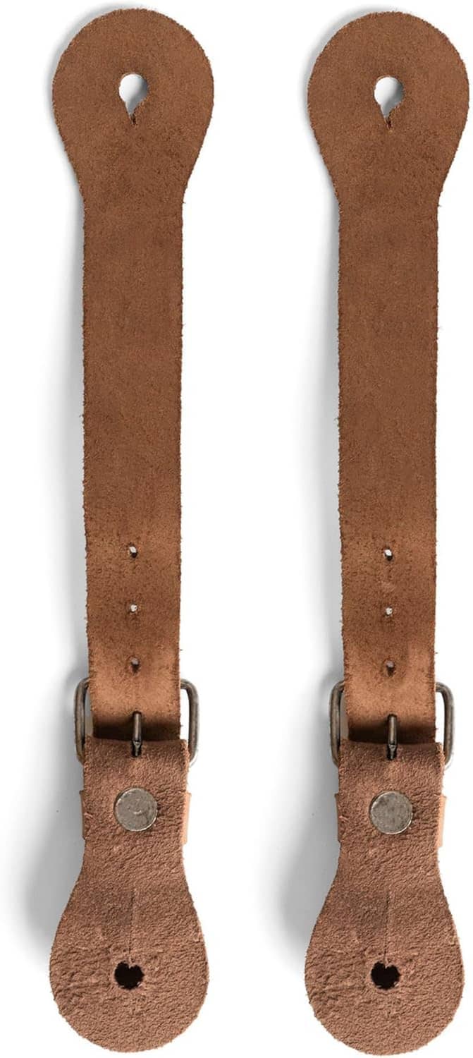 Set of 2 brown leather spur straps with round end loops and metal buckles