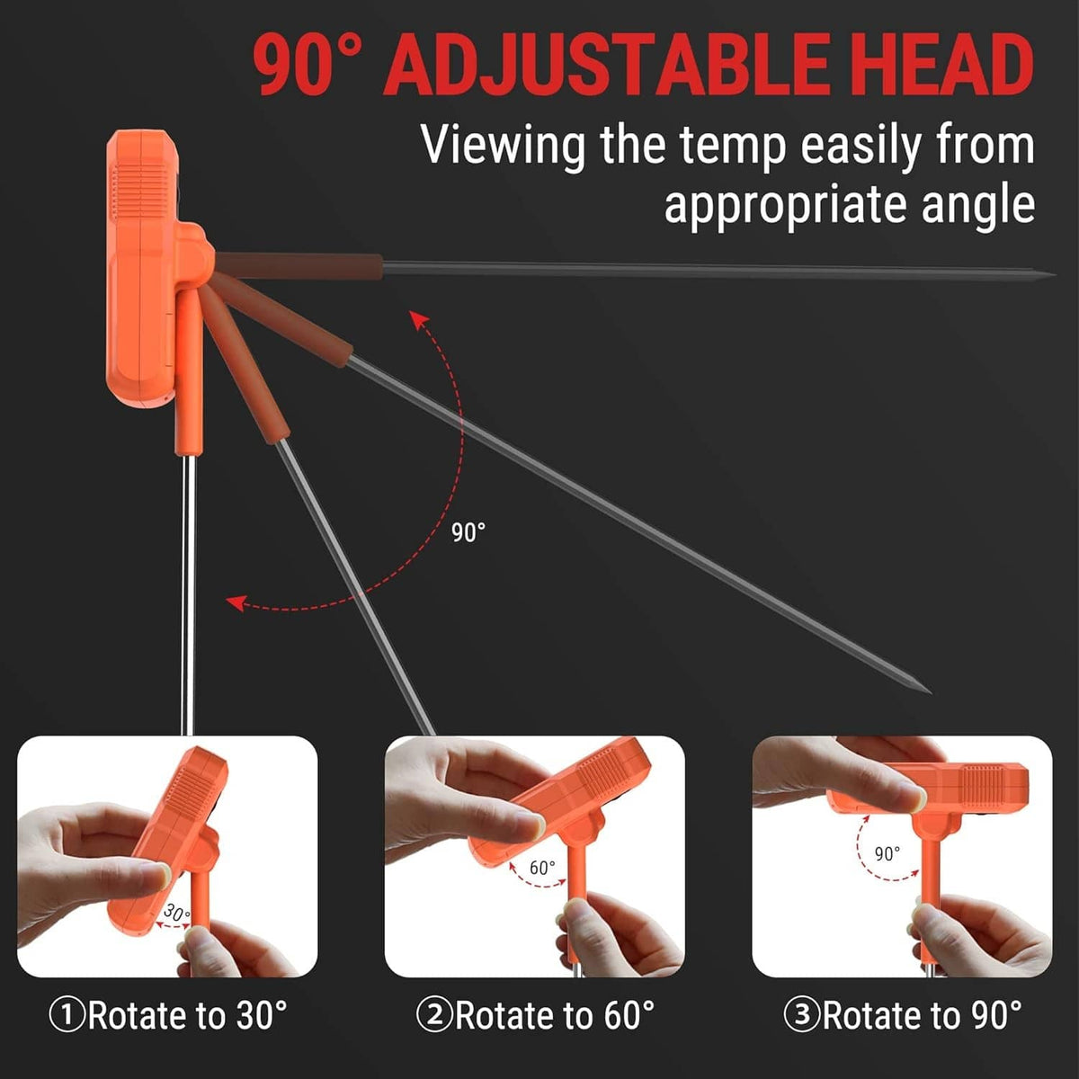 Orange digital thermometer with 90° adjustable head and long metal probe