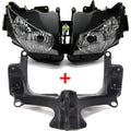 Front headlight bracket set with two black headlight housings and clear lenses
