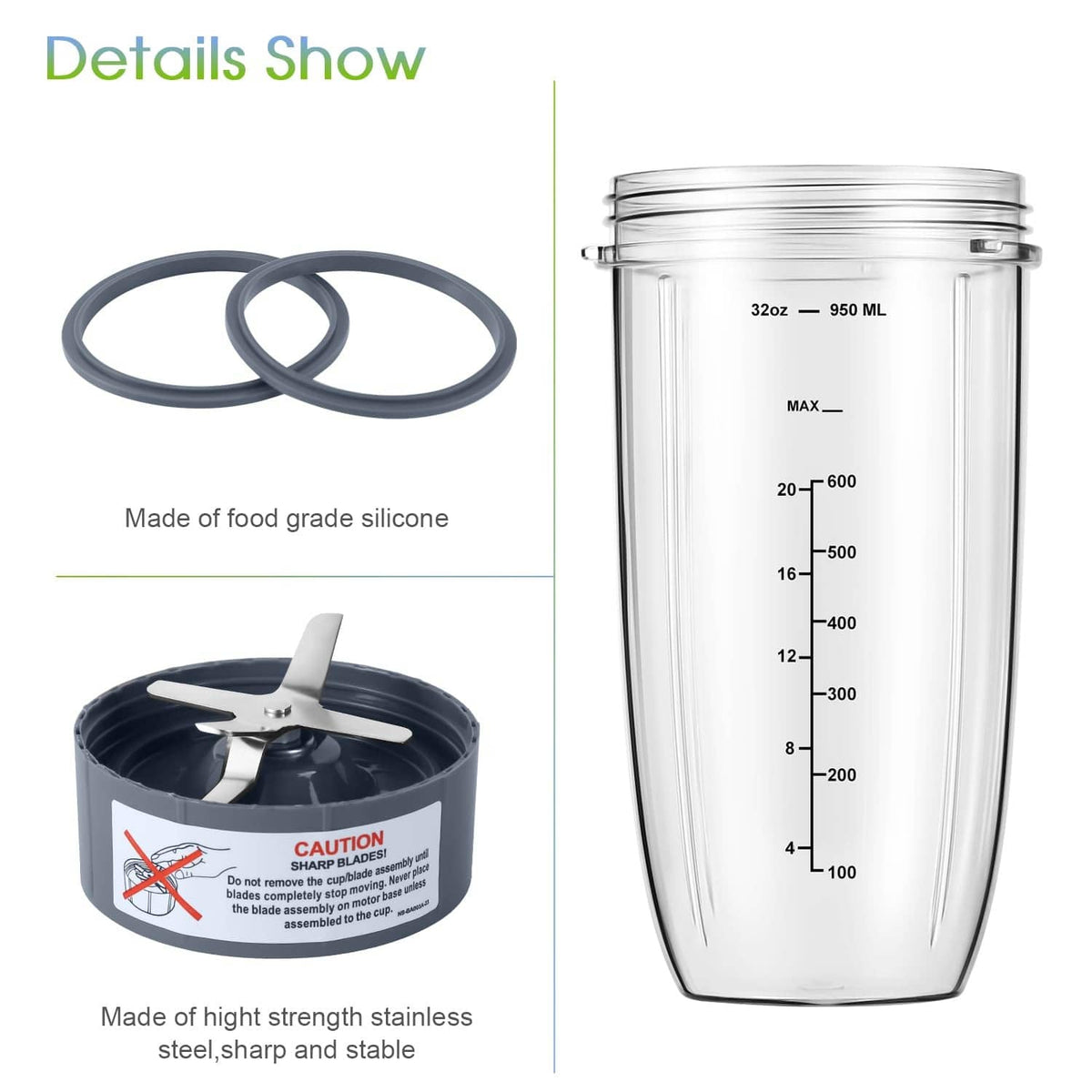 Blender cup replacement set with dark silicone gasket rings and stainless blade rotor
