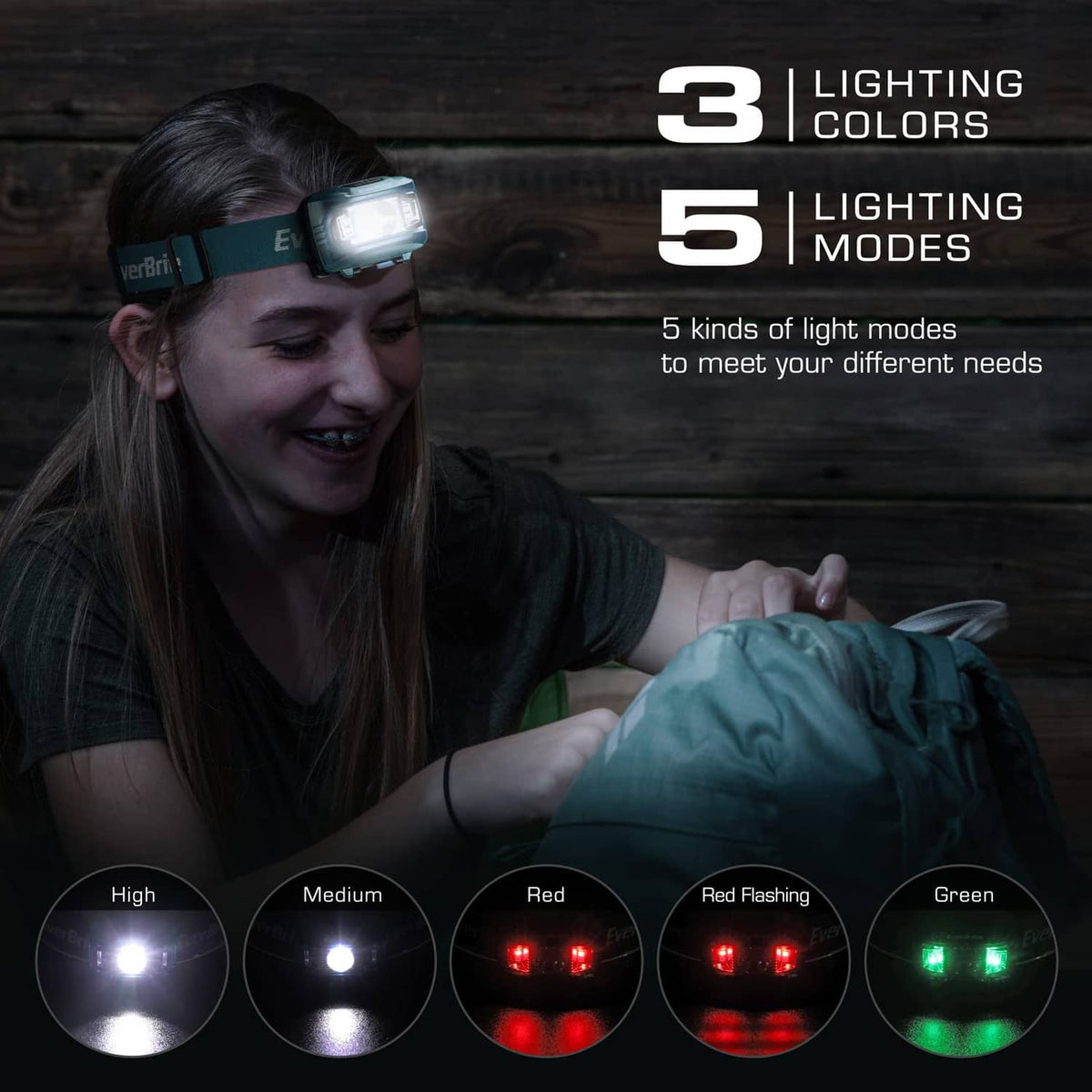 Kids EverBrite headlamp on forehead with bright white and red LED lights