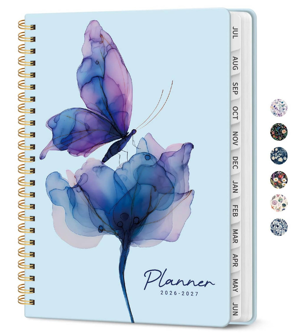 Blue floral butterfly spiral planner cover with purple spine and elastic band