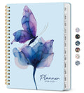 Blue floral butterfly spiral planner cover with purple spine and elastic band