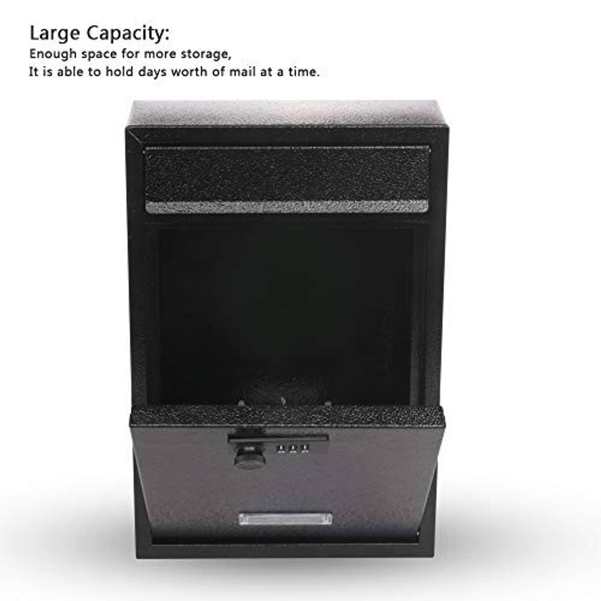 Black wall-mount combination lock mailbox with mail slot and front access flap