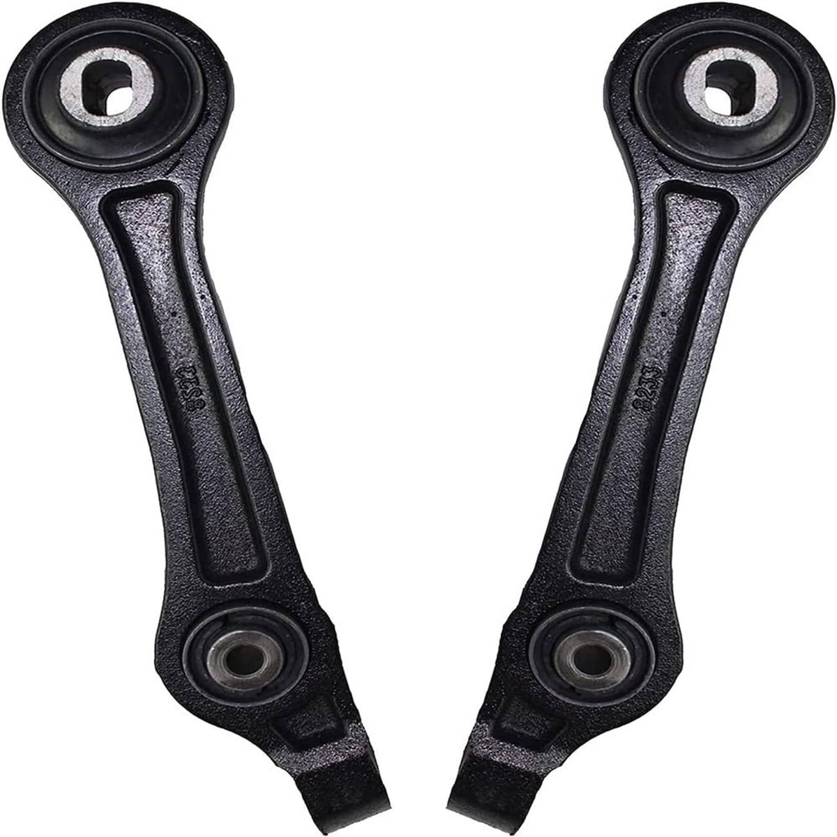 Front suspension control arms with circular bushings and black rubber boots