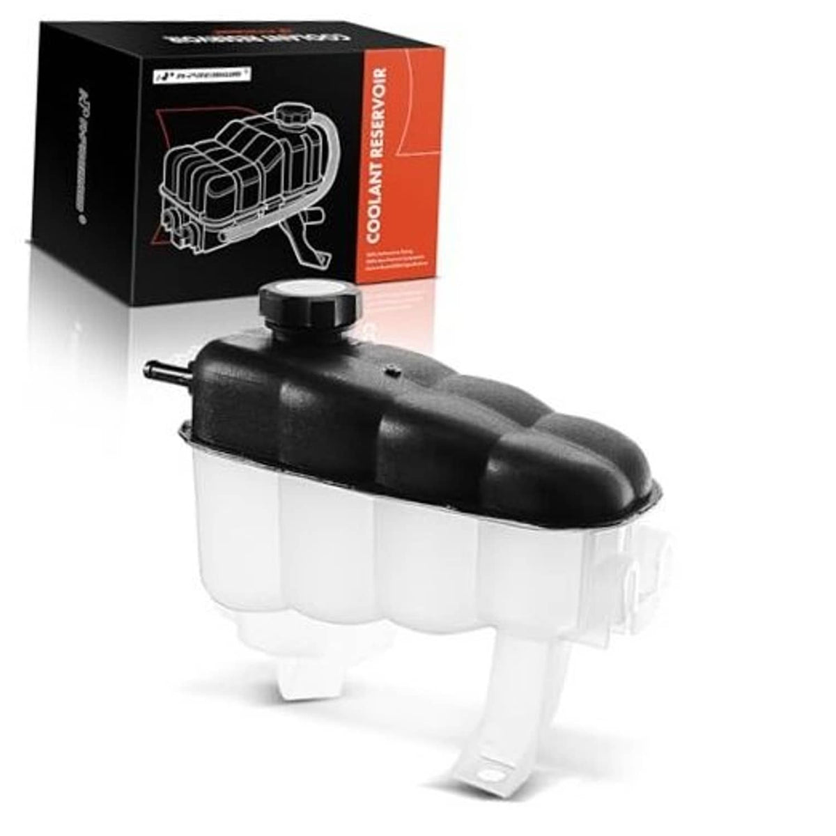 Engine coolant reservoir tank with black cap and translucent white reservoir