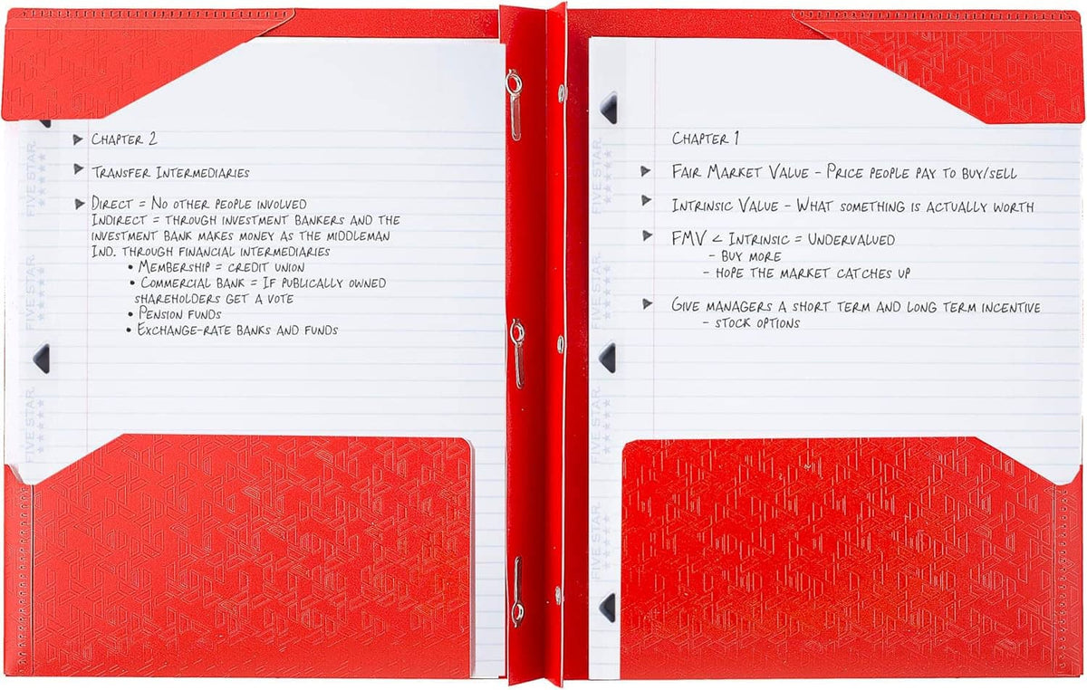 Open red 2-pocket prong folder showing two sheet pockets and metal prongs
