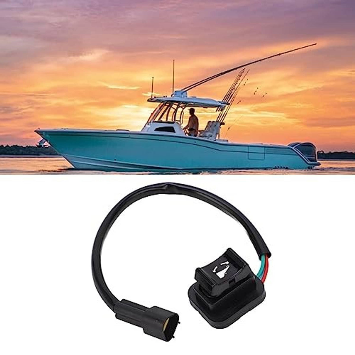 Boat trim tilt switch assembly shown with black cable and rocker-style switch module