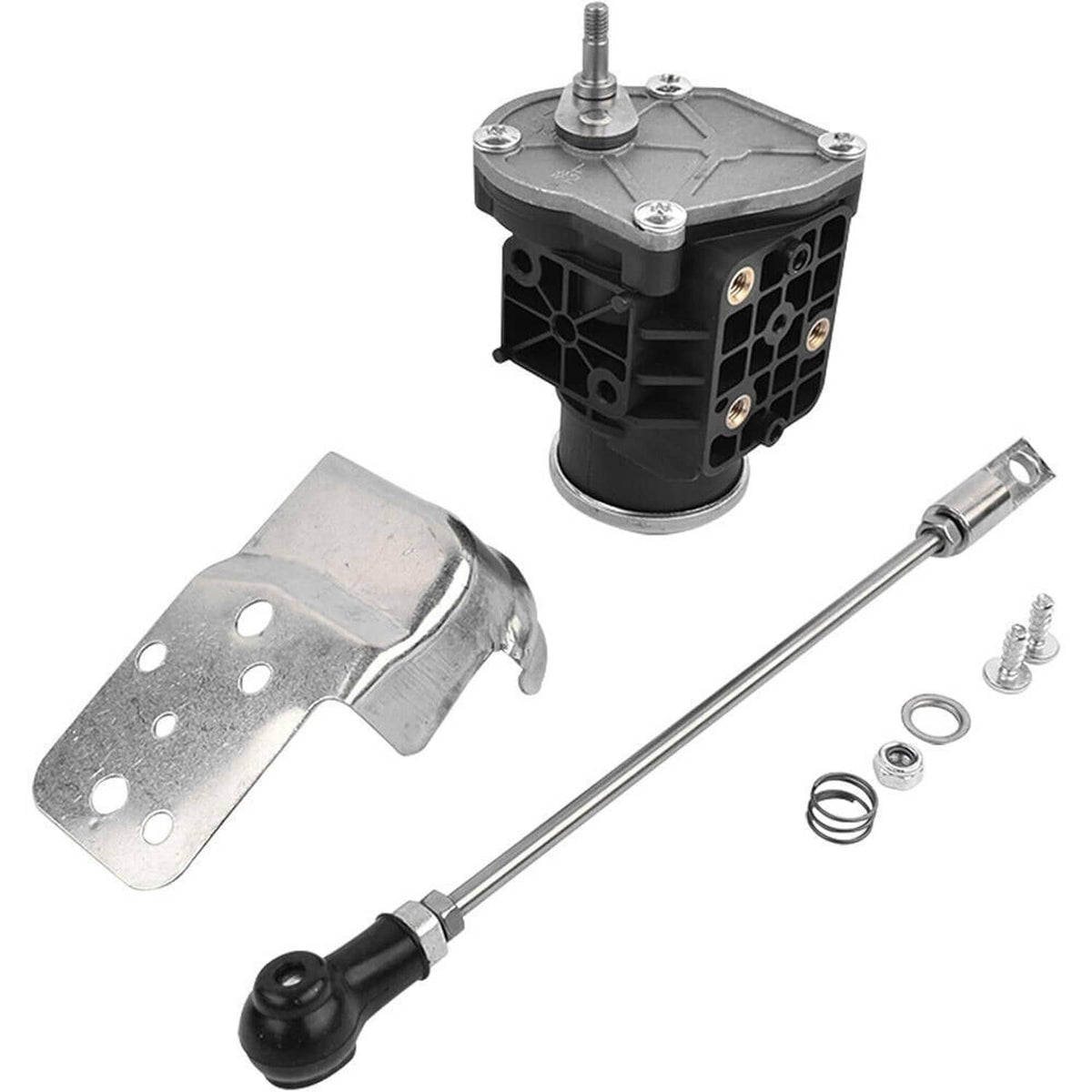 Wastegate control valve solenoid kit with bracket, metal rod, and mounting hardware
