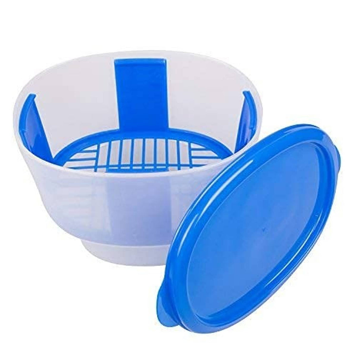 Better Breader bowl and detachable blue lid, shown open on a white background