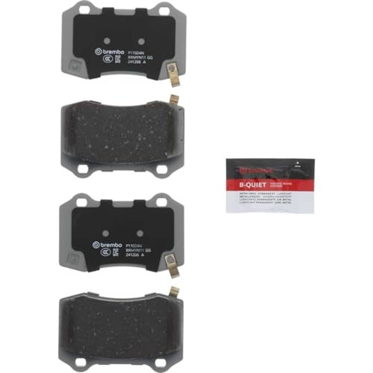 Rear ceramic disc brake pads, black friction material with metal hardware and pins