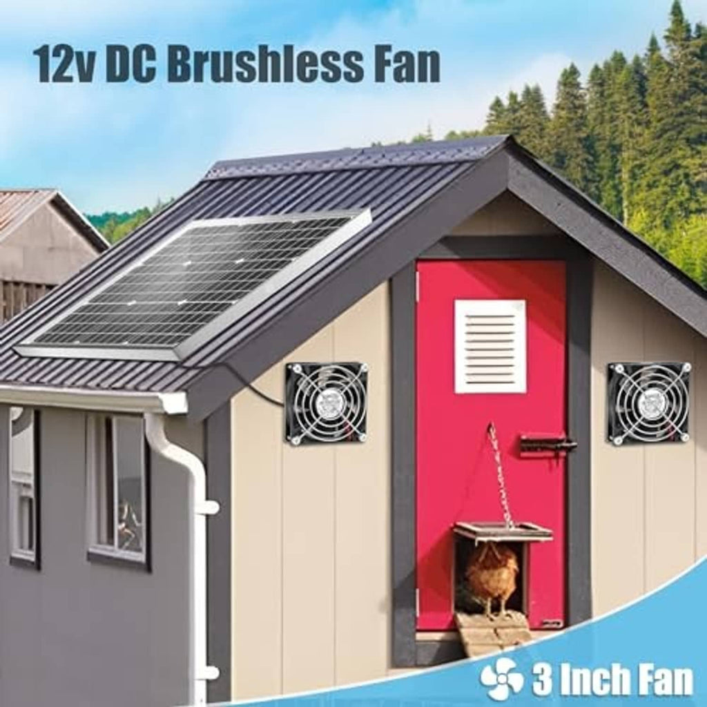 Pair of black 12V DC brushless fans mounted on an outdoor panel