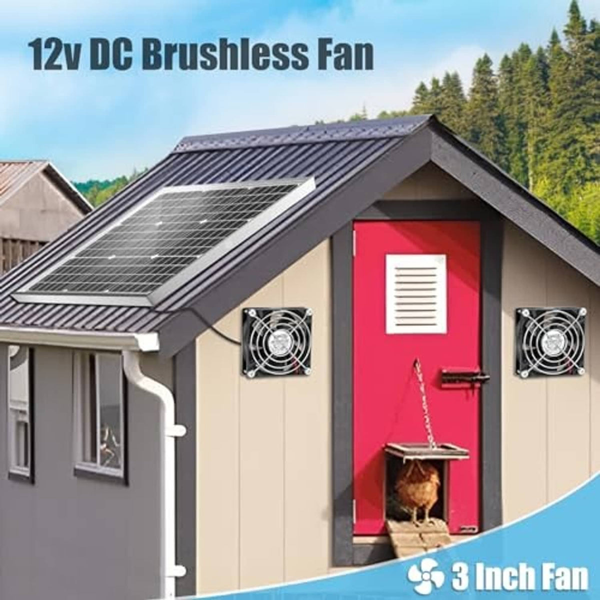 Pair of black 12V DC brushless fans mounted on an outdoor panel