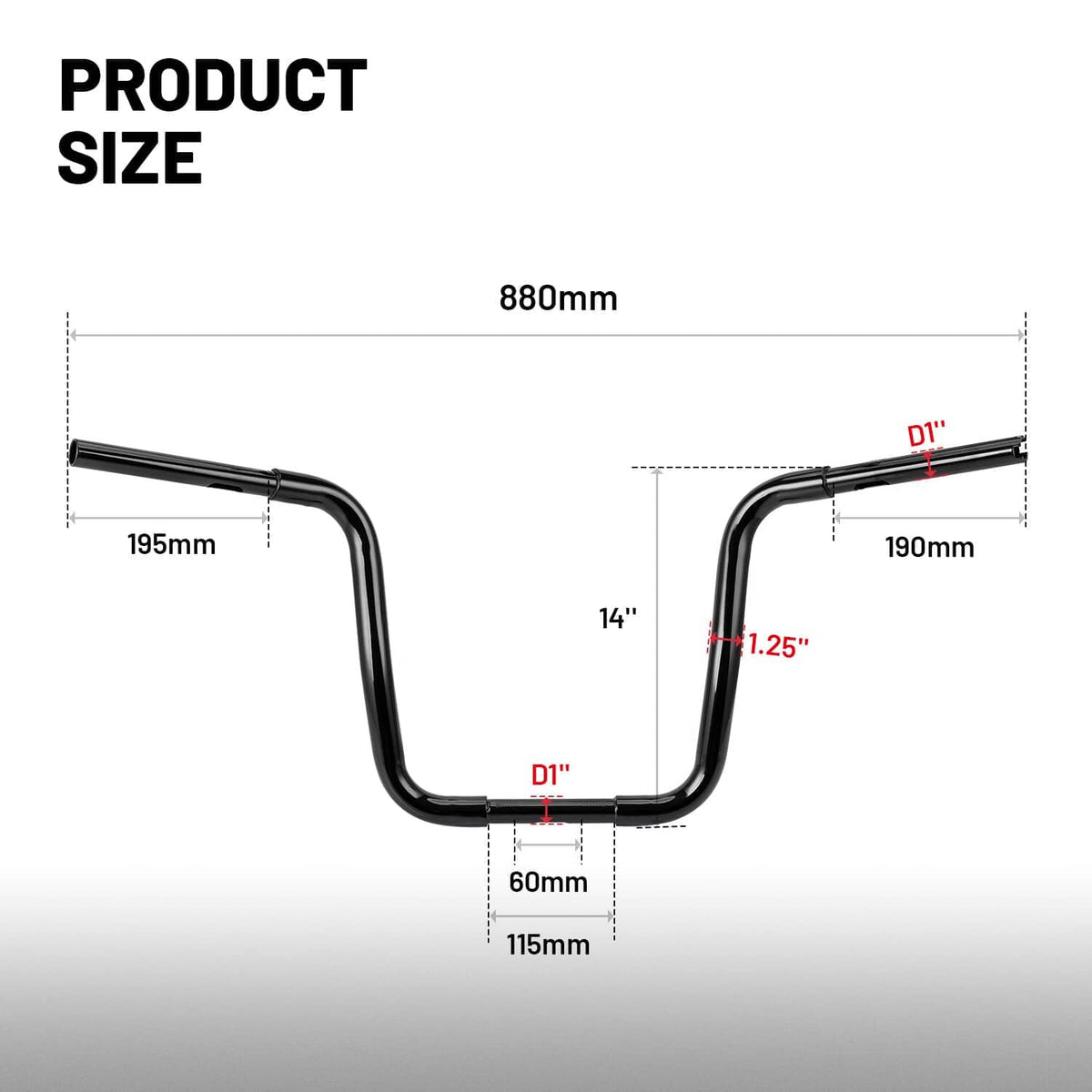 Black ape hanger handlebar dimensions diagram with 14in rise and measurement labels