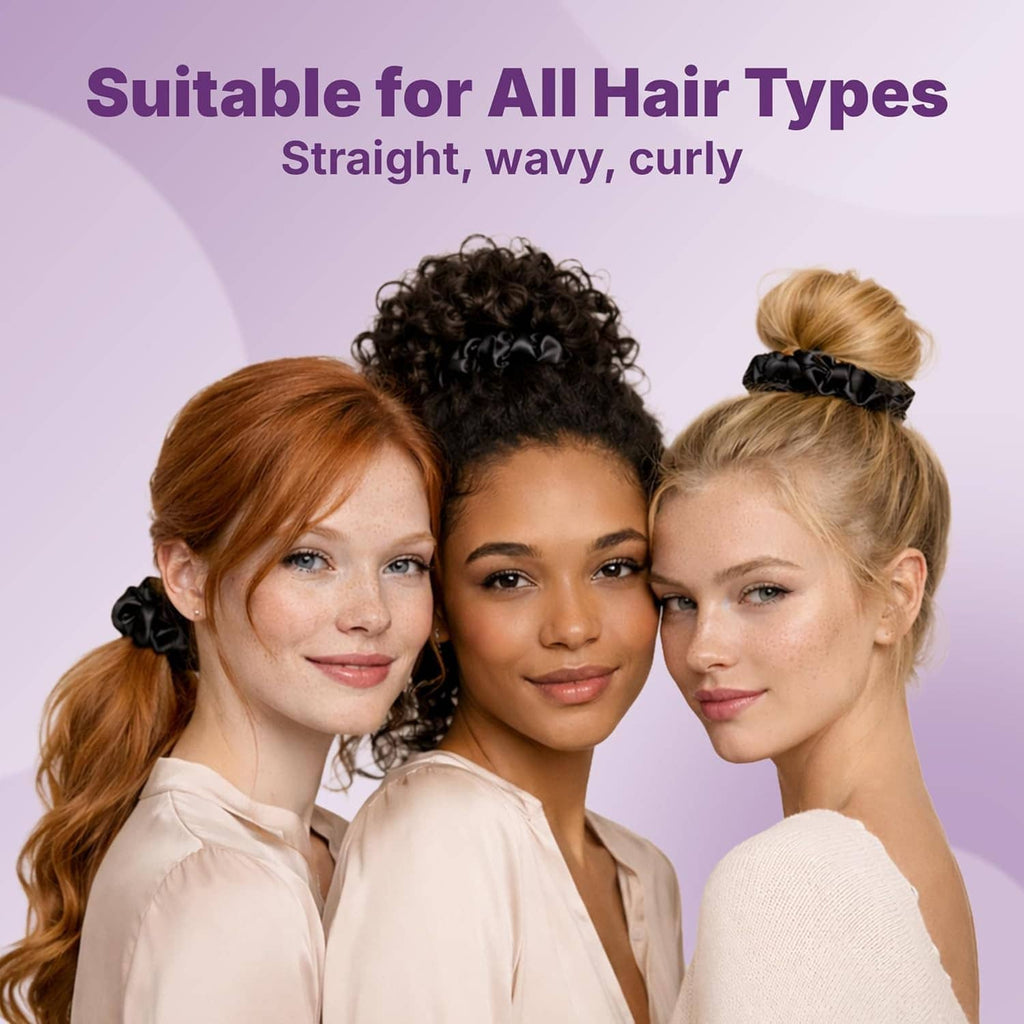 Three models wearing black satin scrunchies in ponytail styles