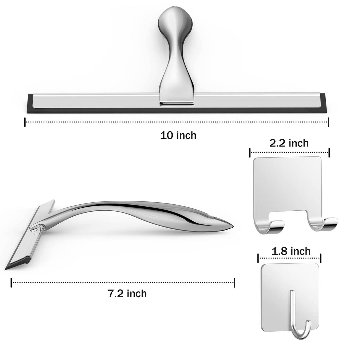 Stainless steel squeegee with hang-up hooks; shows 10-inch blade and small parts.