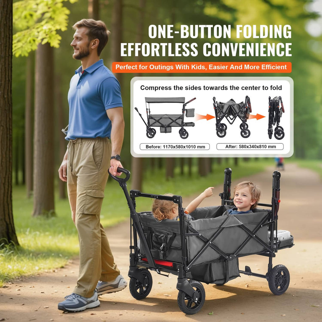 Double wagon stroller with dark gray canopy and two open seating areas