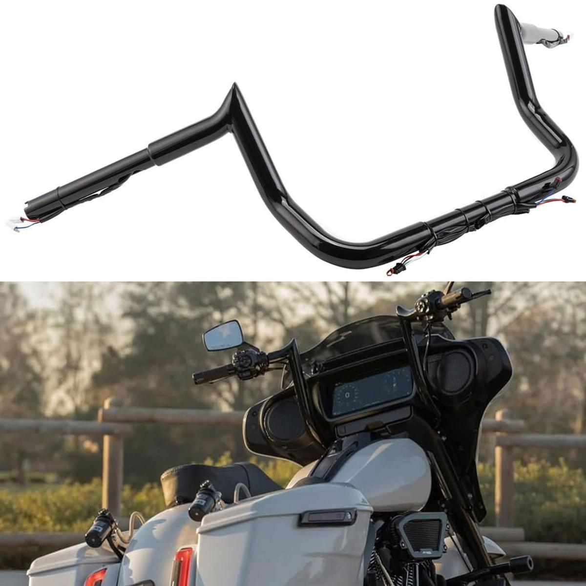 Gloss black U-shaped motorcycle handlebar with cable connections