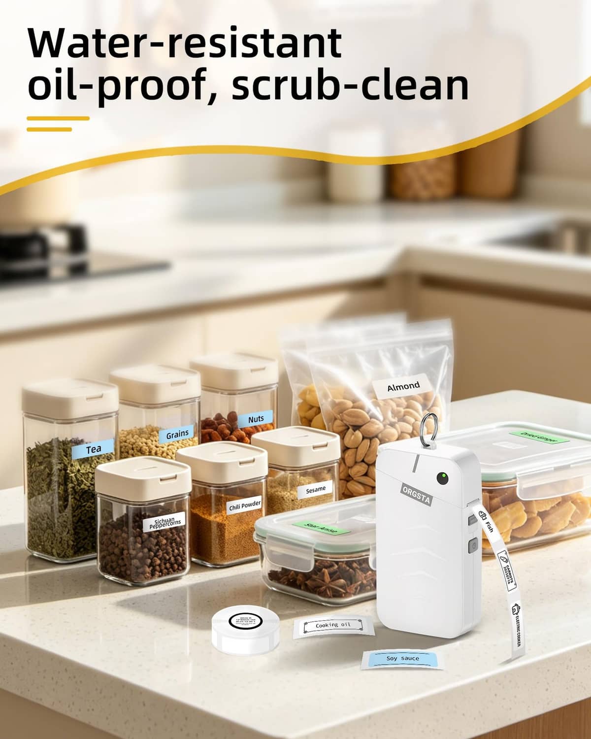 White ORGSTA label maker near clear kitchen storage containers and label tape