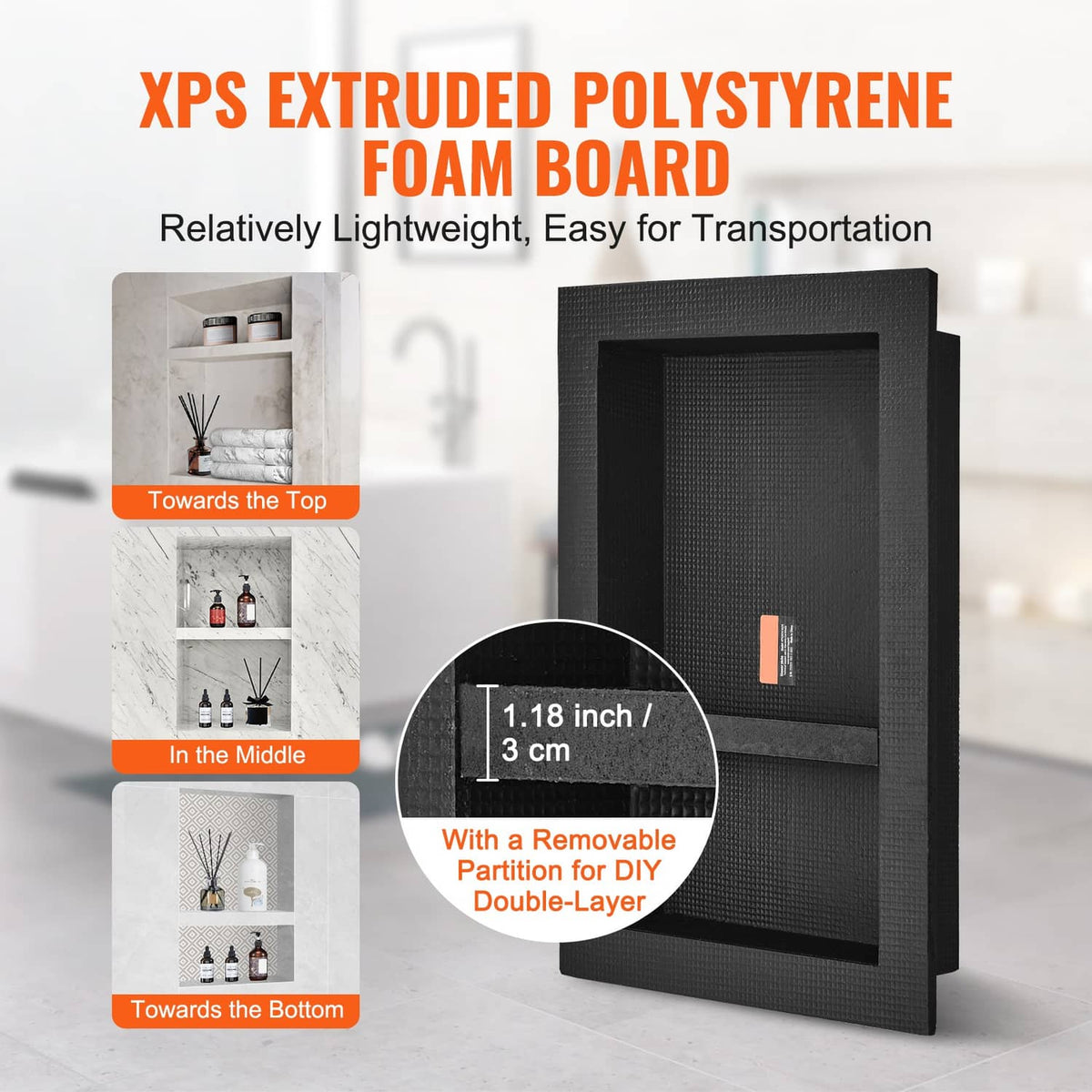 Double recessed shower niche with removable partition and XPS foam board backing