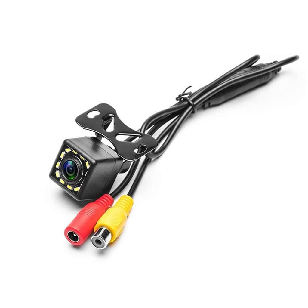 Waterproof car backup camera with mounting bracket and RCA plugs, black housing