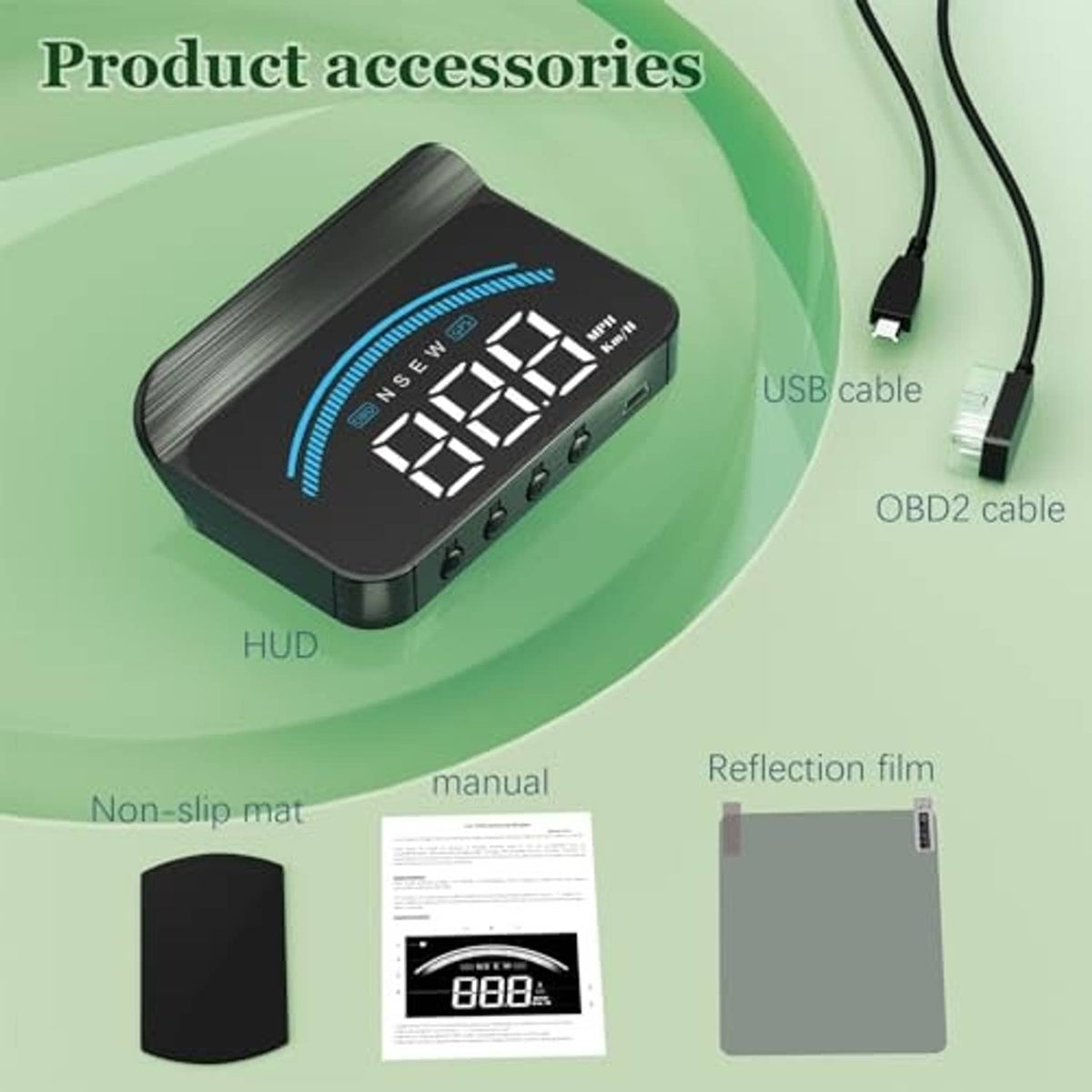 Car heads-up display kit with HUD unit, USB cable, OBD2 cable, non-slip mat, manual