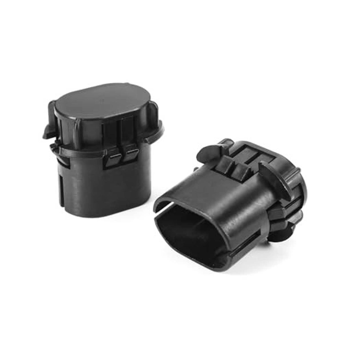 Black plastic radiator mount bracket set with cylindrical sleeves and side tabs