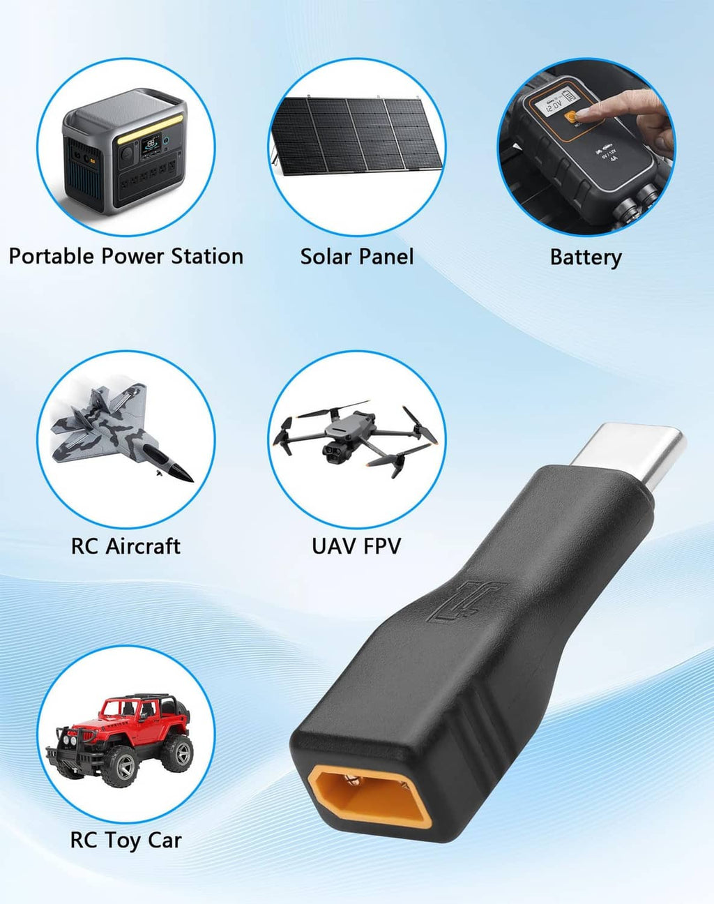 Black USB-C to XT30 adapter for portable power devices, angled view