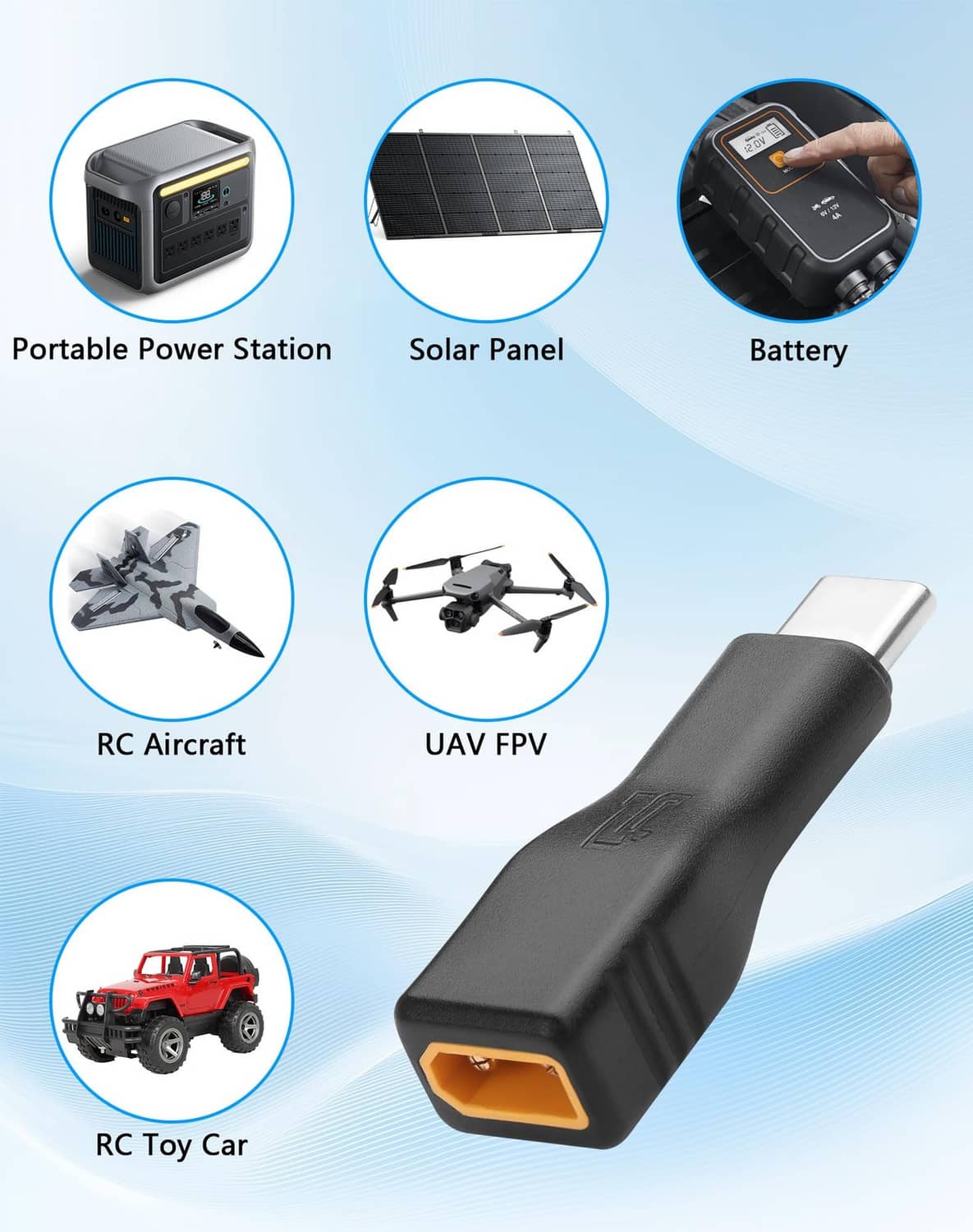 Black USB-C to XT30 adapter for portable power devices, angled view