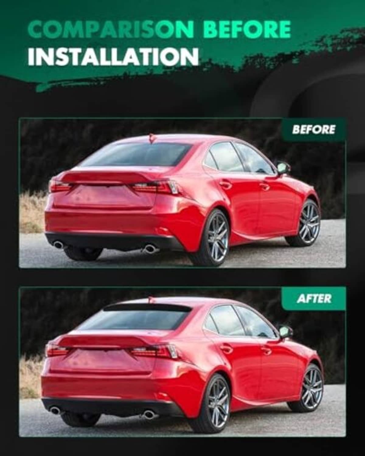 Red car with glossy black rear window roof spoiler installed