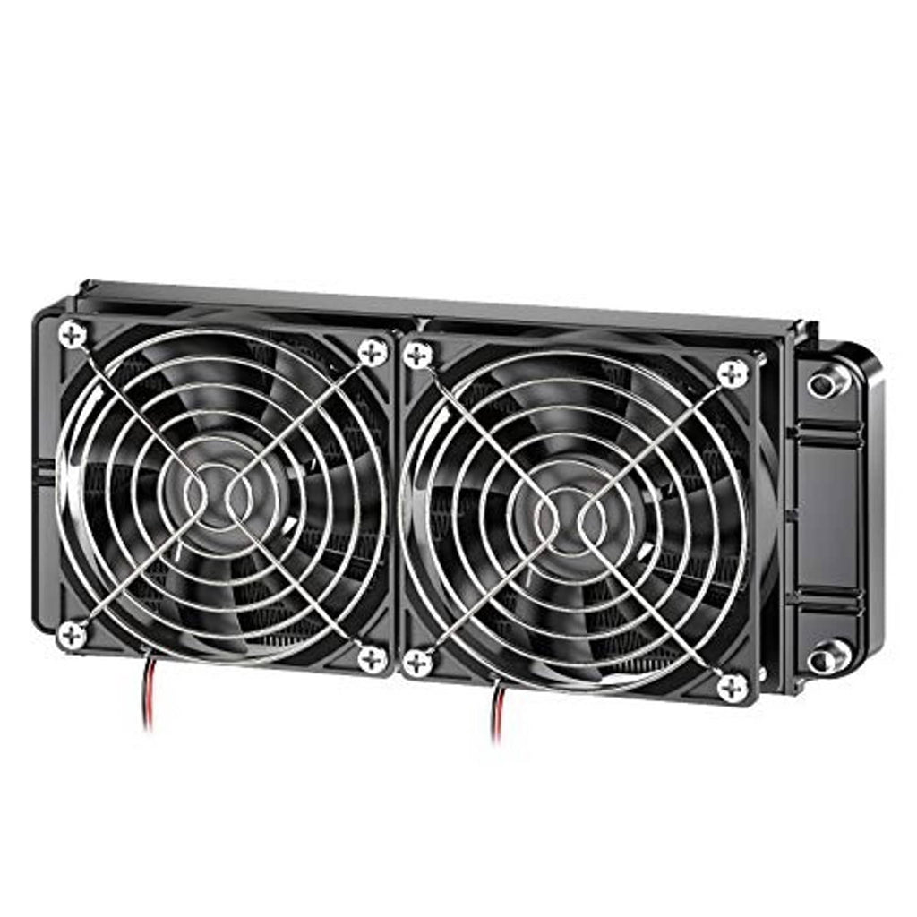 240mm water cooling radiator with dual fans, black housing, and exposed finned core