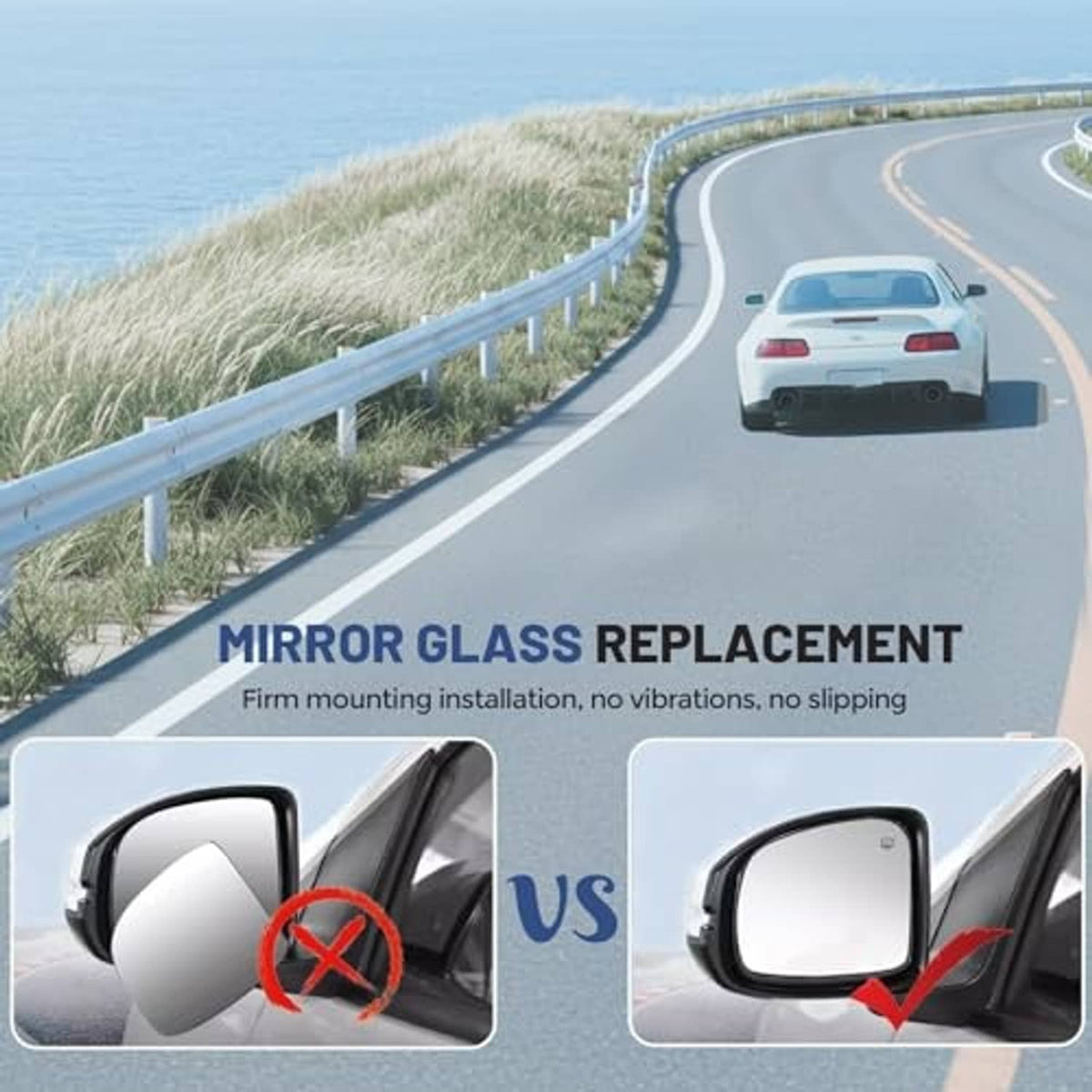 Driver side mirror glass replacement on vehicle road view, clear glass panel
