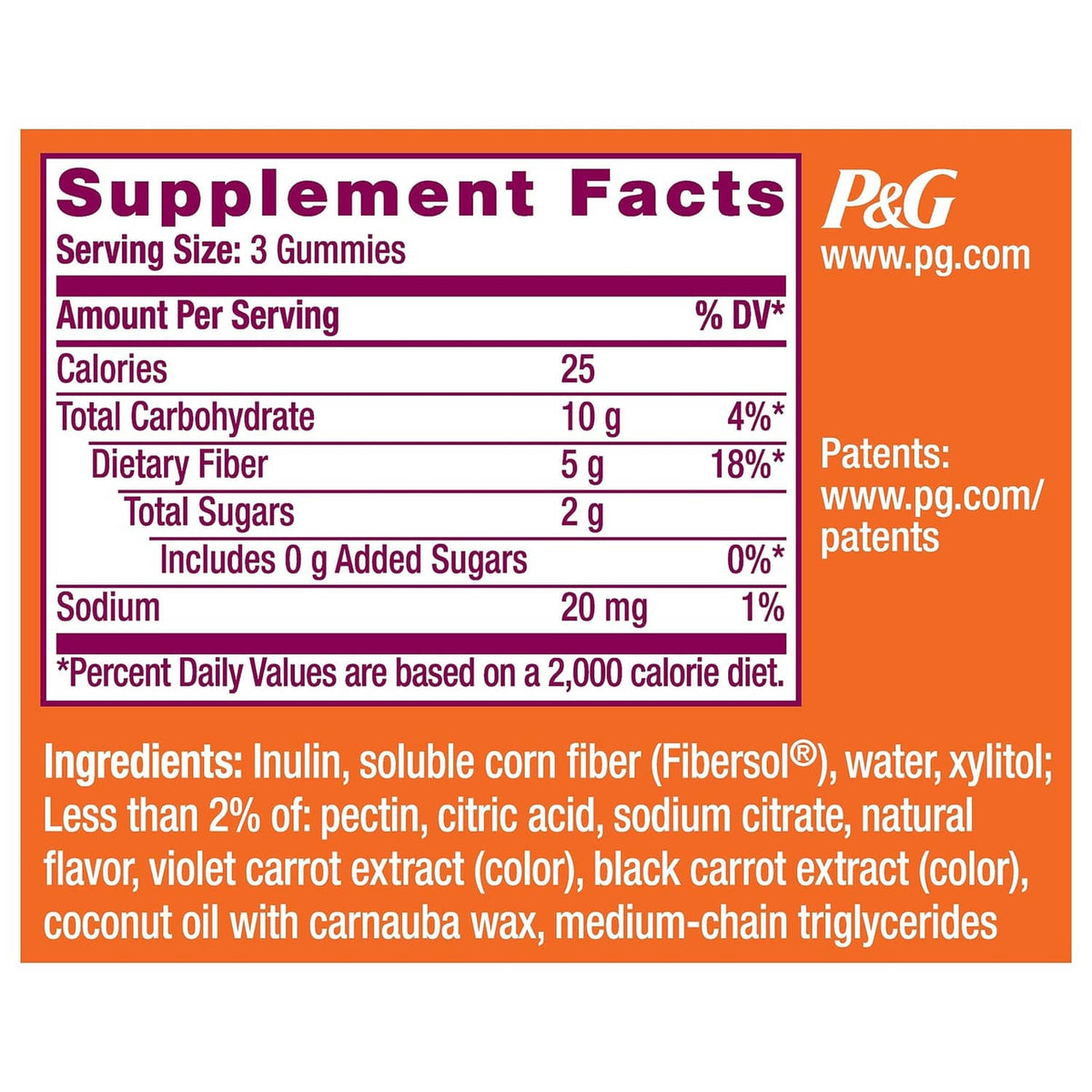 Supplement Facts panel for Metamucil Kids fiber gummies, serving size 3 gummies.