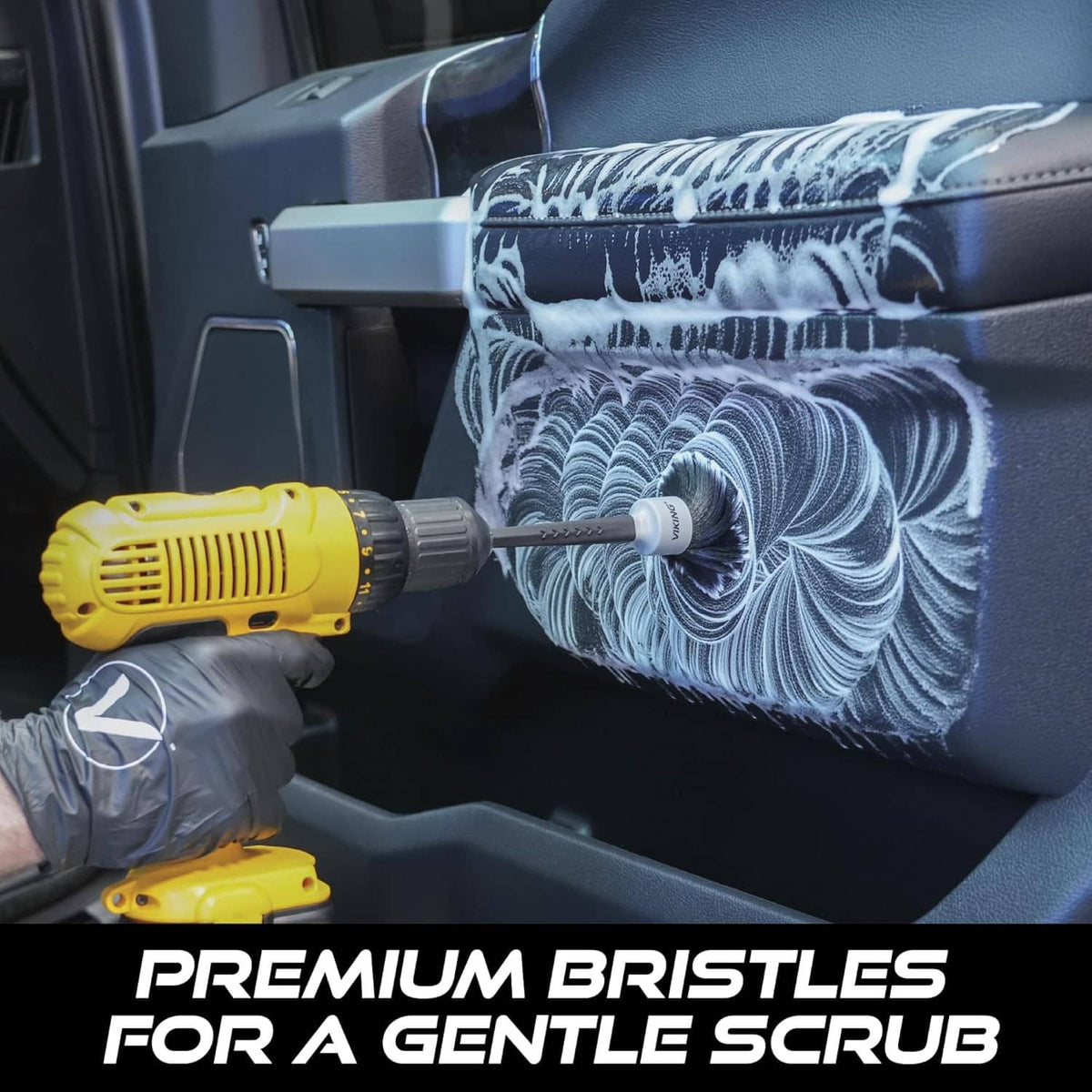 Car interior drill cleaning brush set with two detail brushes attached